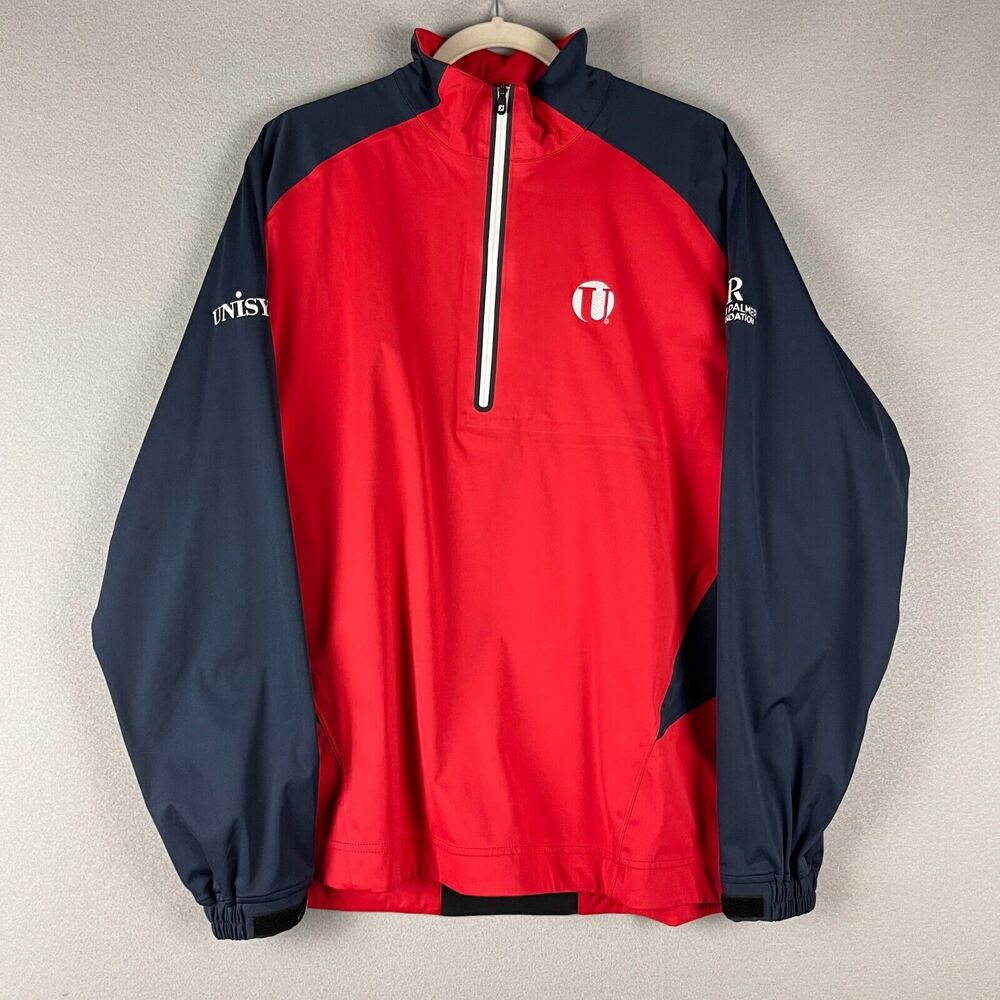 FootJoy FJ Hydroknit Mens Jacket Large Red Blue Long Sleeve 1/4 Zip Golf Logo‎